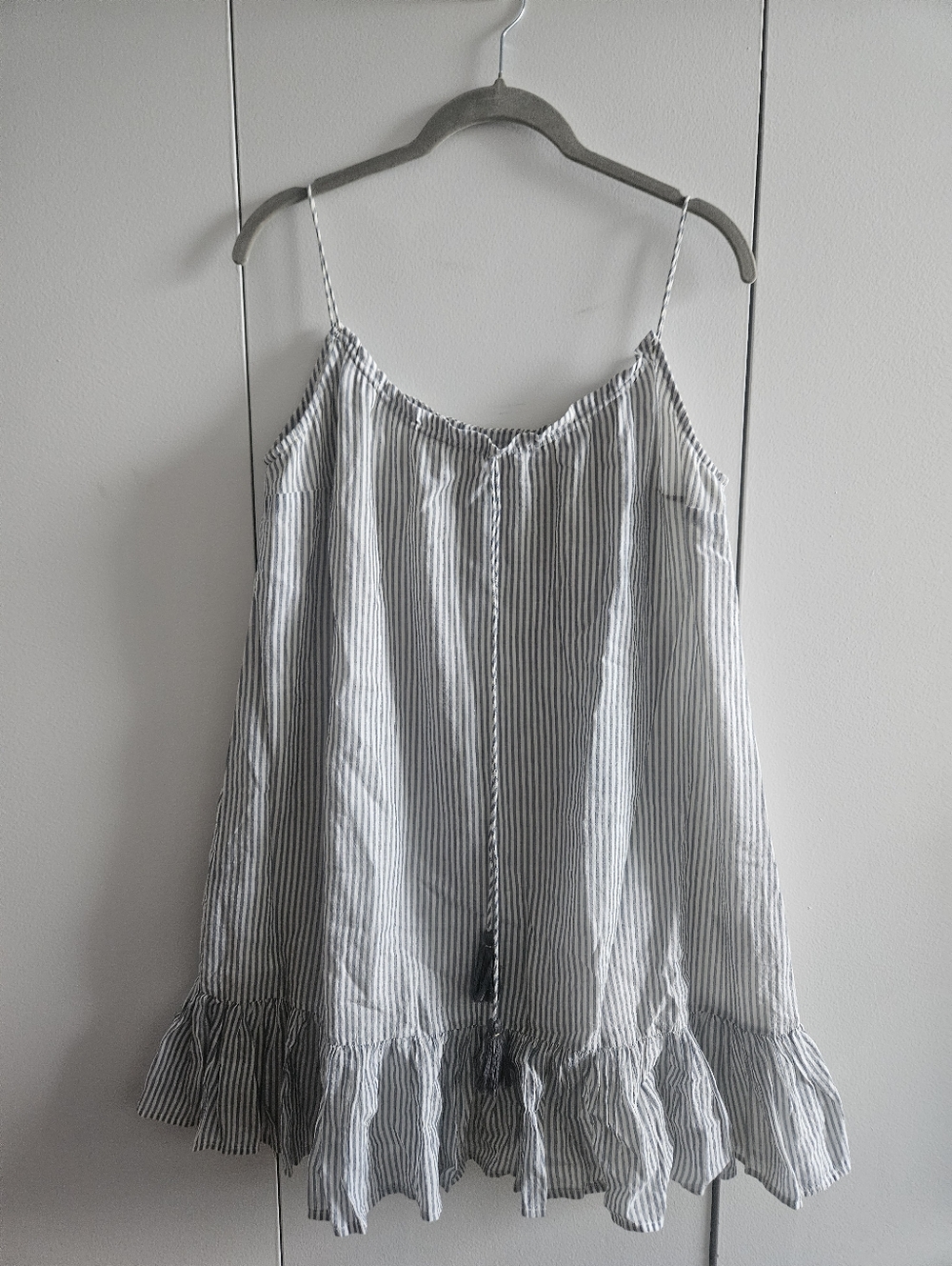 Sezane Size 38 Striped Ruffle Hem Spaghetti Strap Dress - Blue & White